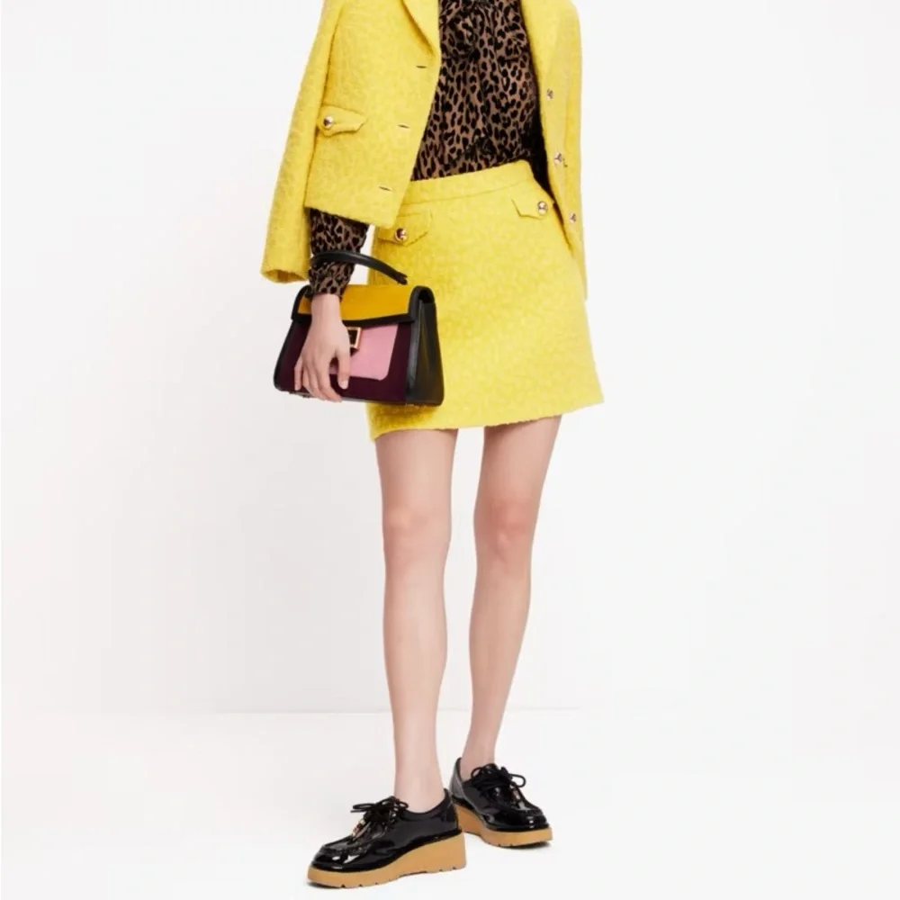 Kate Spade Tonal Leopard Textured Wool-Blend Skirt Chartreuse Yellow NWT Size 16